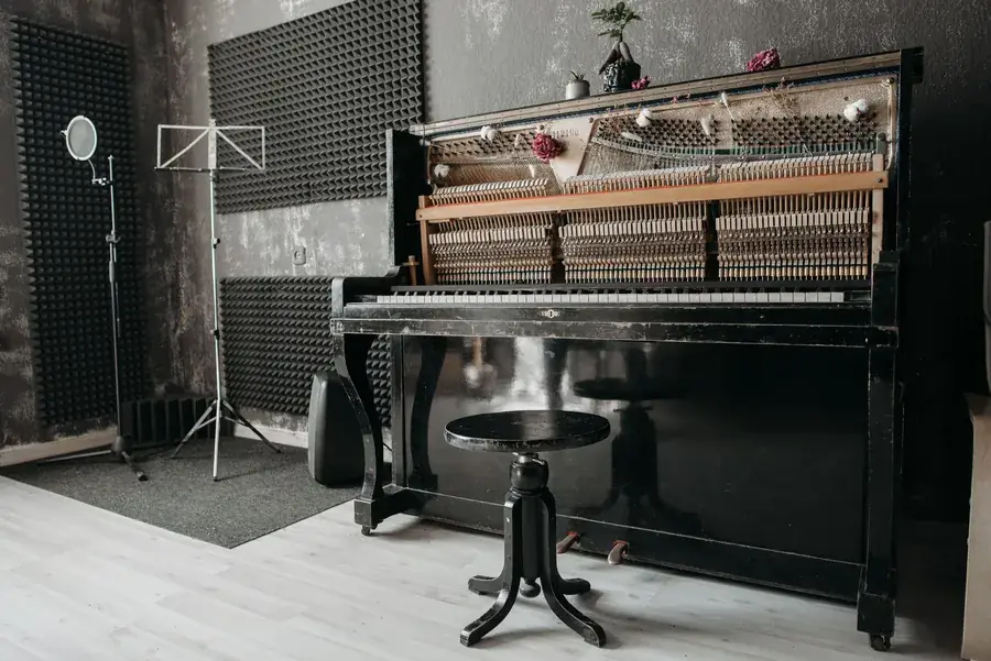 Grey acoustic foam wedge panels on a studio wall, a product often mistaken for soundproofing
