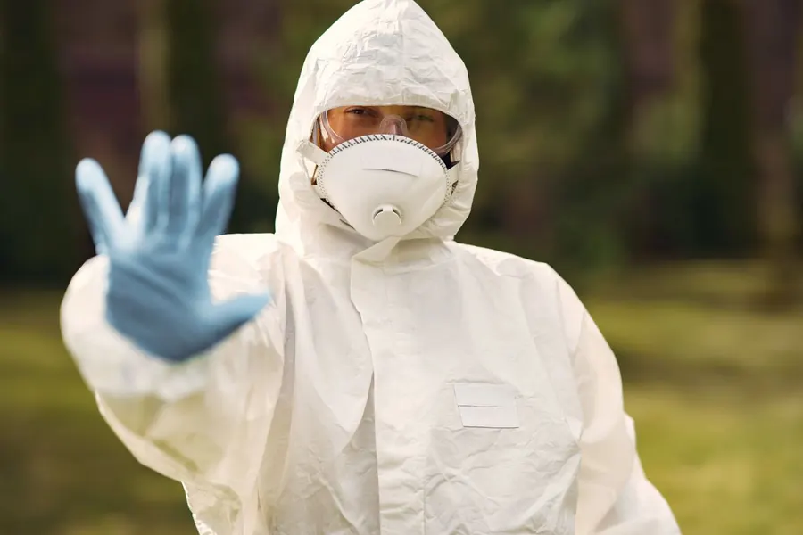 Worker in a disposable protective suit and respirator holding up a hand to warn people back