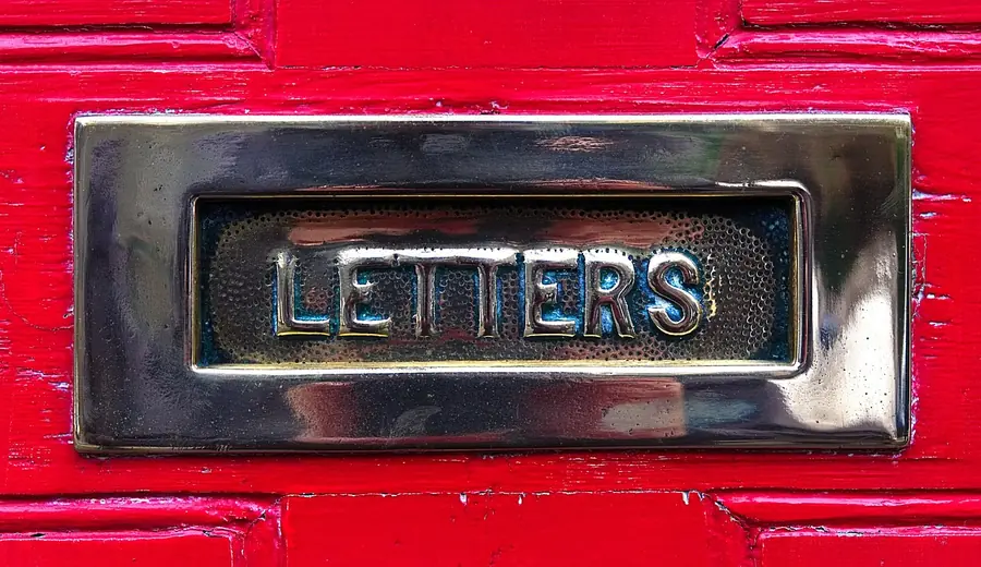 Polished brass letterbox marked LETTERS set into a red-painted front door