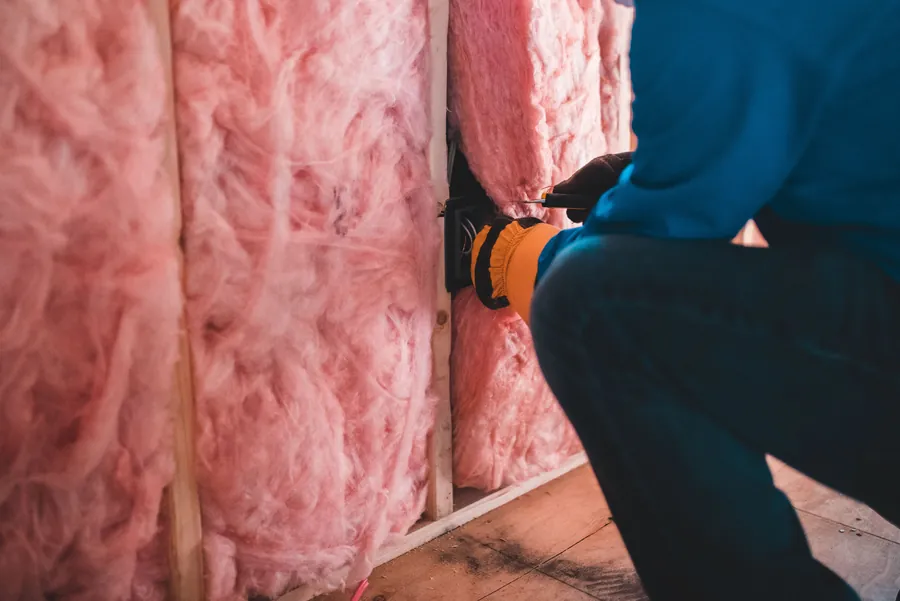 Dense mineral wool insulation being fitted between timber framing for acoustic performance
