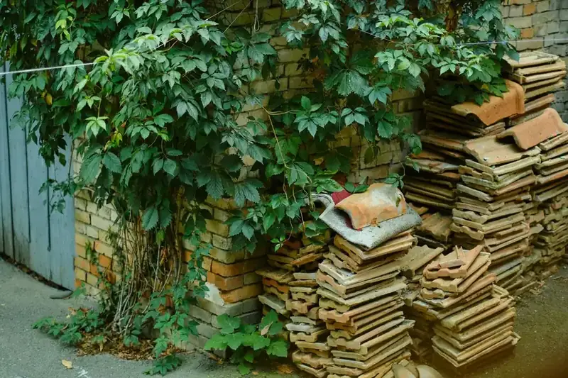 Stacks of reclaimed clay roof tiles piled in a salvage yard courtyard