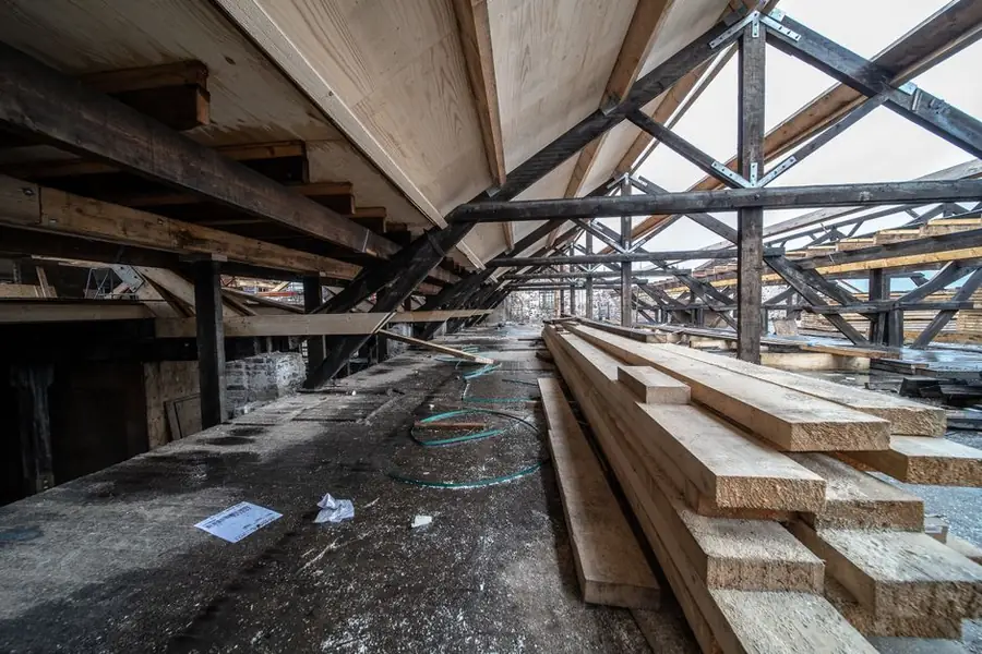 Exposed timber roof structure during a loft conversion