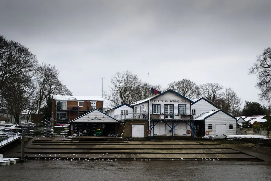 Twickenham Rowing Club on the Thames riverside in winter, where the tidal river and narrow lanes shape how a roof job is accessed