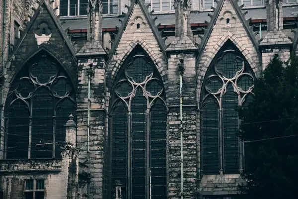 Ornate gothic tracery and pinnacles on a historic stone facade