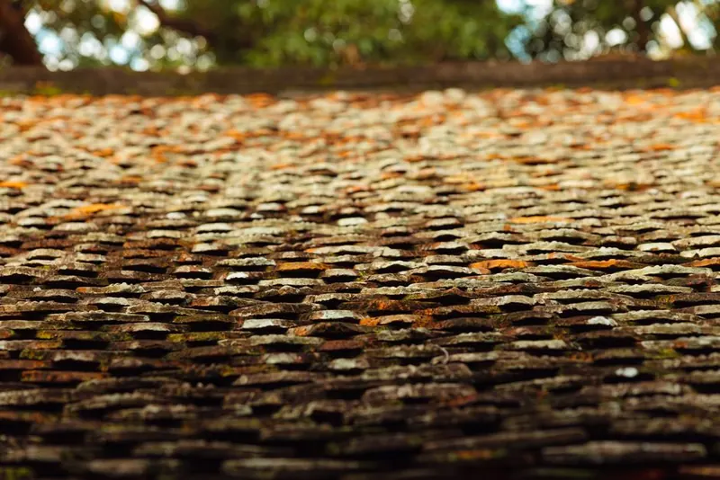 Weathered clay roof tiles with patches of moss on an older Hounslow house